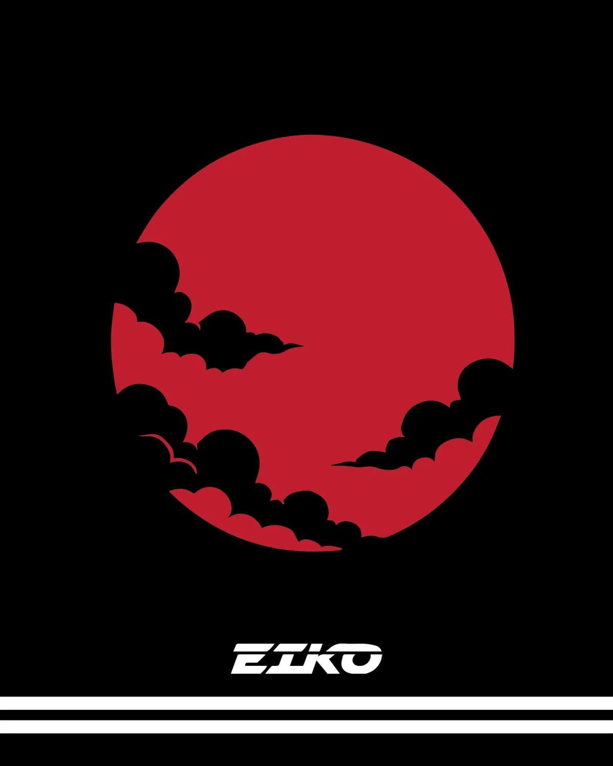 The EIKO wordmark beneath a red rising sun and black clouds, on black