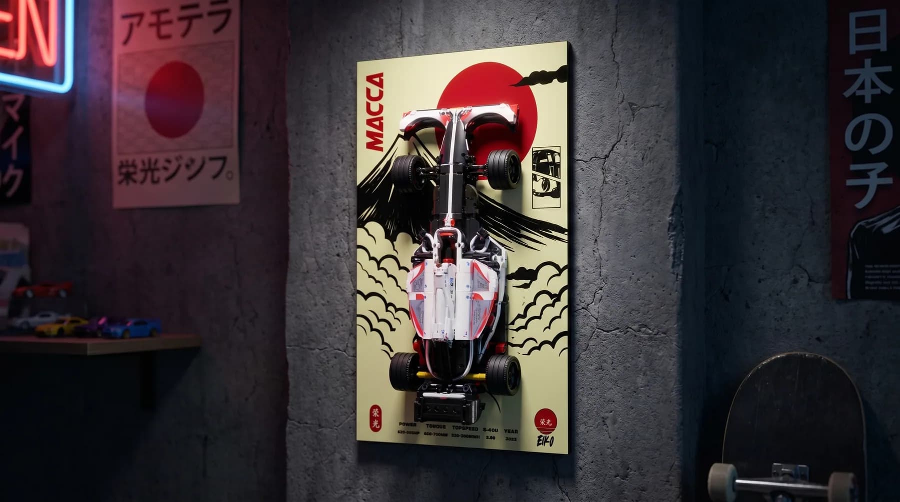 Campaign render: a framed EIKO Formula 1 plate on a concrete wall, lit by neon signs, with a skateboard below