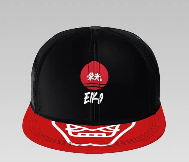 The EIKO samurai snapback from the front: black crown, red brim