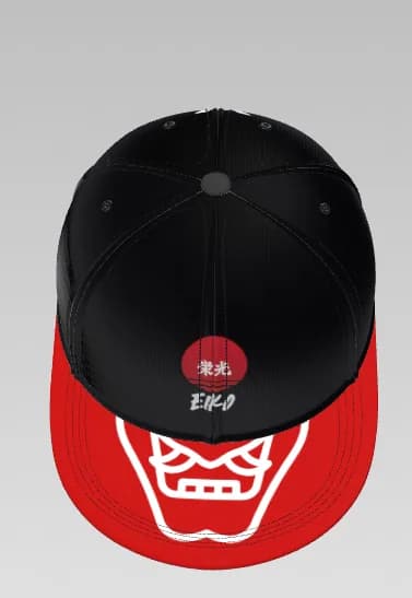 The EIKO samurai snapback from above, showing the printed brim