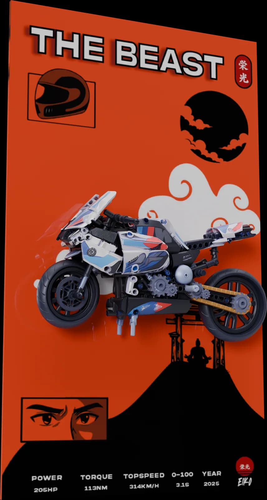 AO M1000RR display frame: a blue and white brick-built superbike on orange artwork titled THE BEAST, with a torii gate