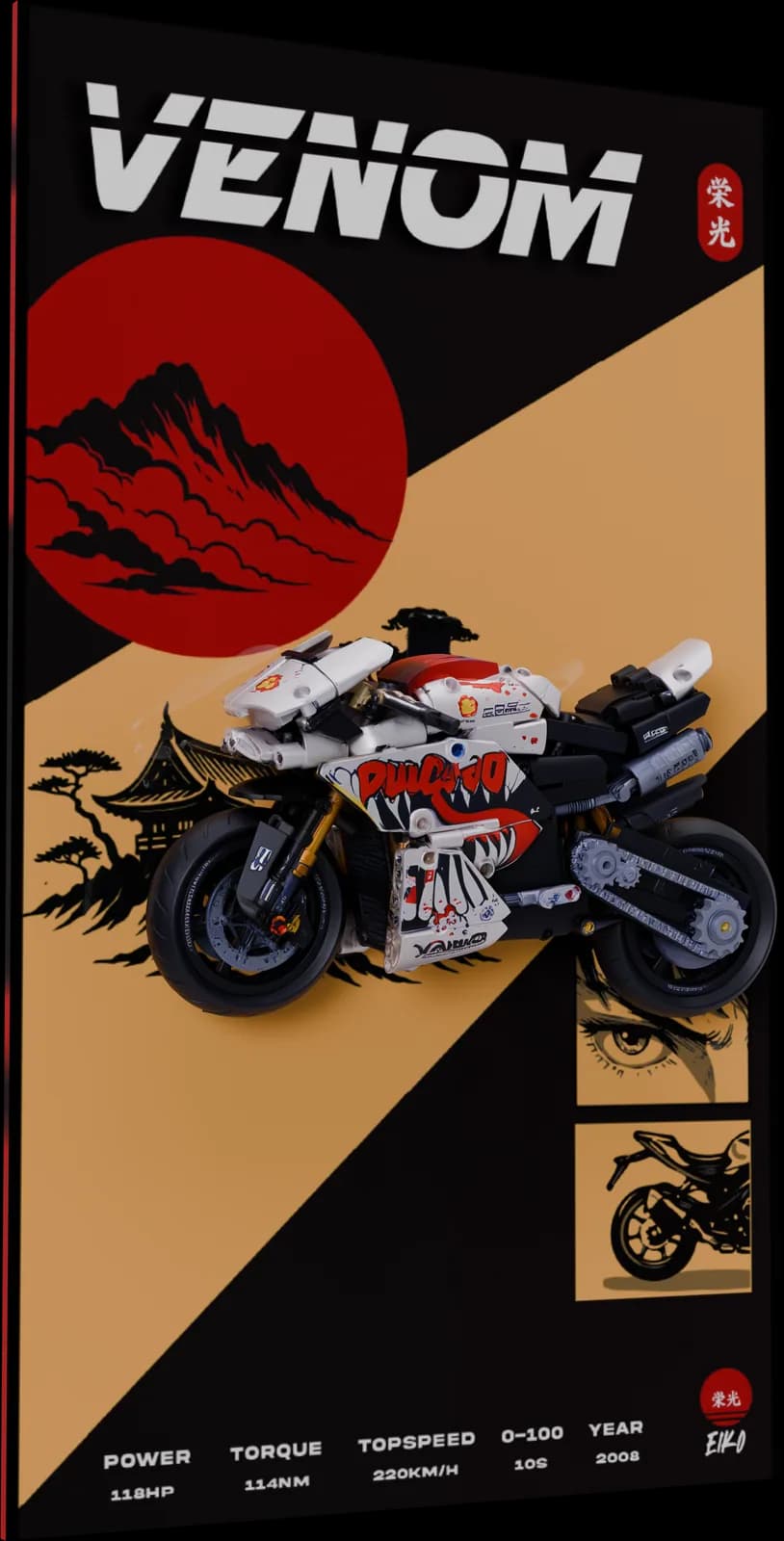 KATANA ROSSA display frame: a white brick-built superbike with a shark-mouth livery on black and tan artwork titled VENOM, with a red sun and mountains