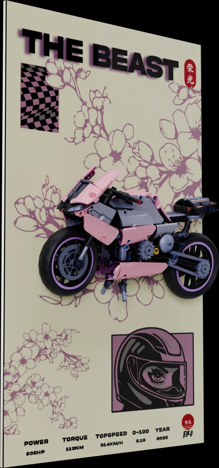 MOMO M1000RR display frame: a pink brick-built superbike on cream artwork titled THE BEAST, with cherry blossom