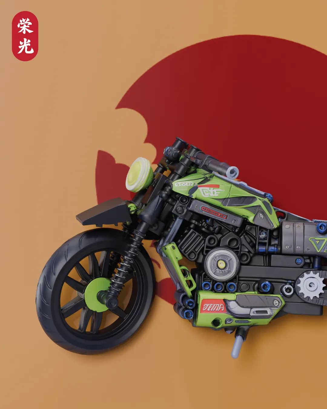 A green and black brick-built motorcycle in front of a red sun on tan