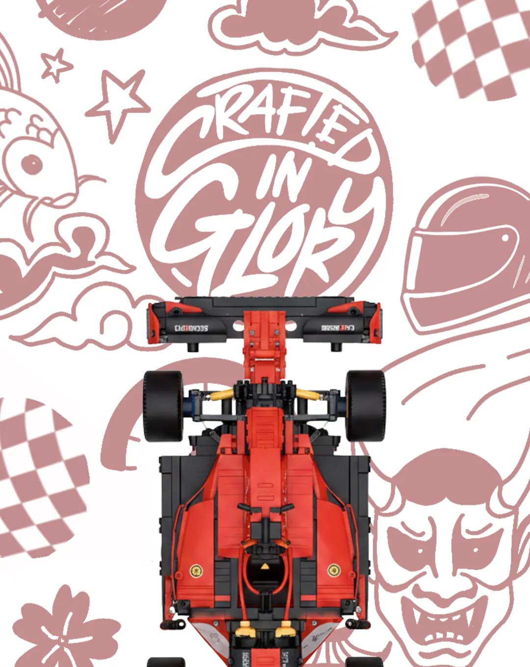 A red brick-built Formula 1 car over a pink Crafted in Glory pattern on white