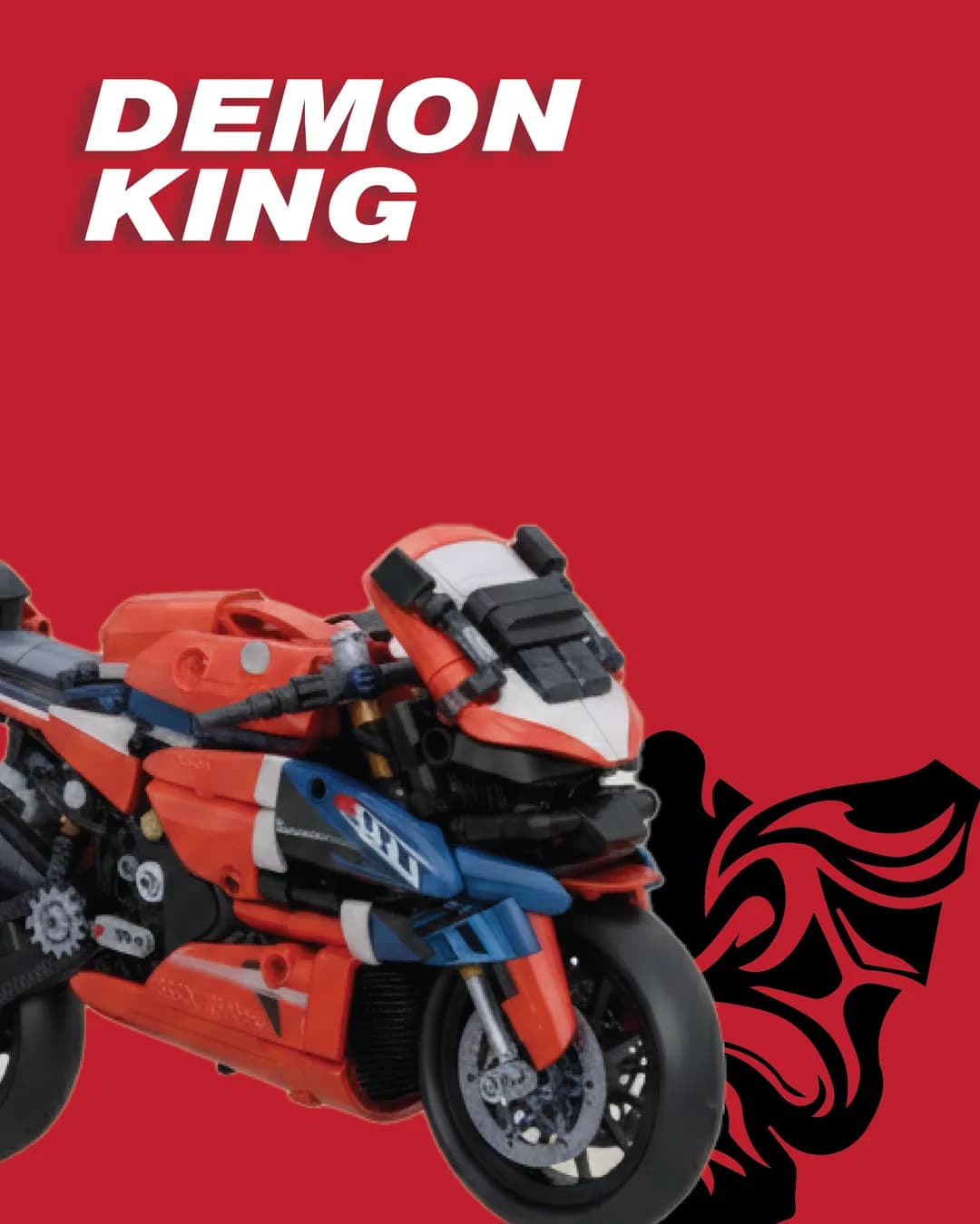 DEMON KING post: a red brick-built superbike against a black oni mask on red