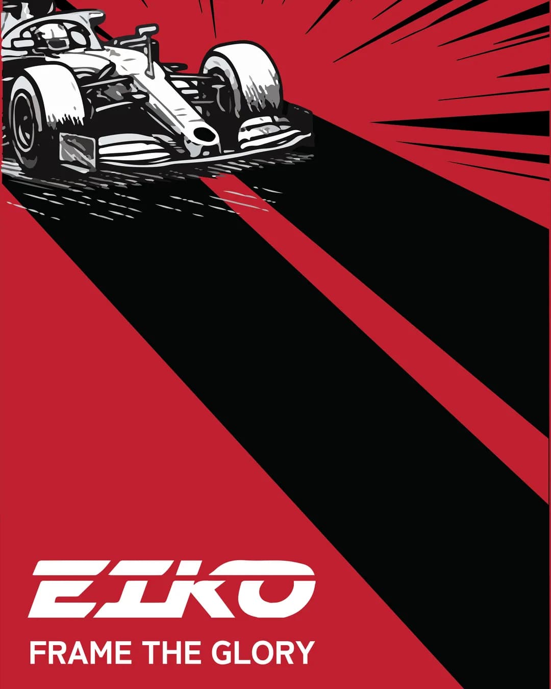 Frame the Glory post: a manga-style Formula 1 car bursting through red and black rays, with the EIKO wordmark