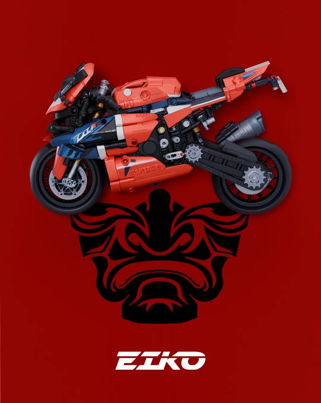 A red brick-built superbike above a black oni mask on red, with the EIKO wordmark