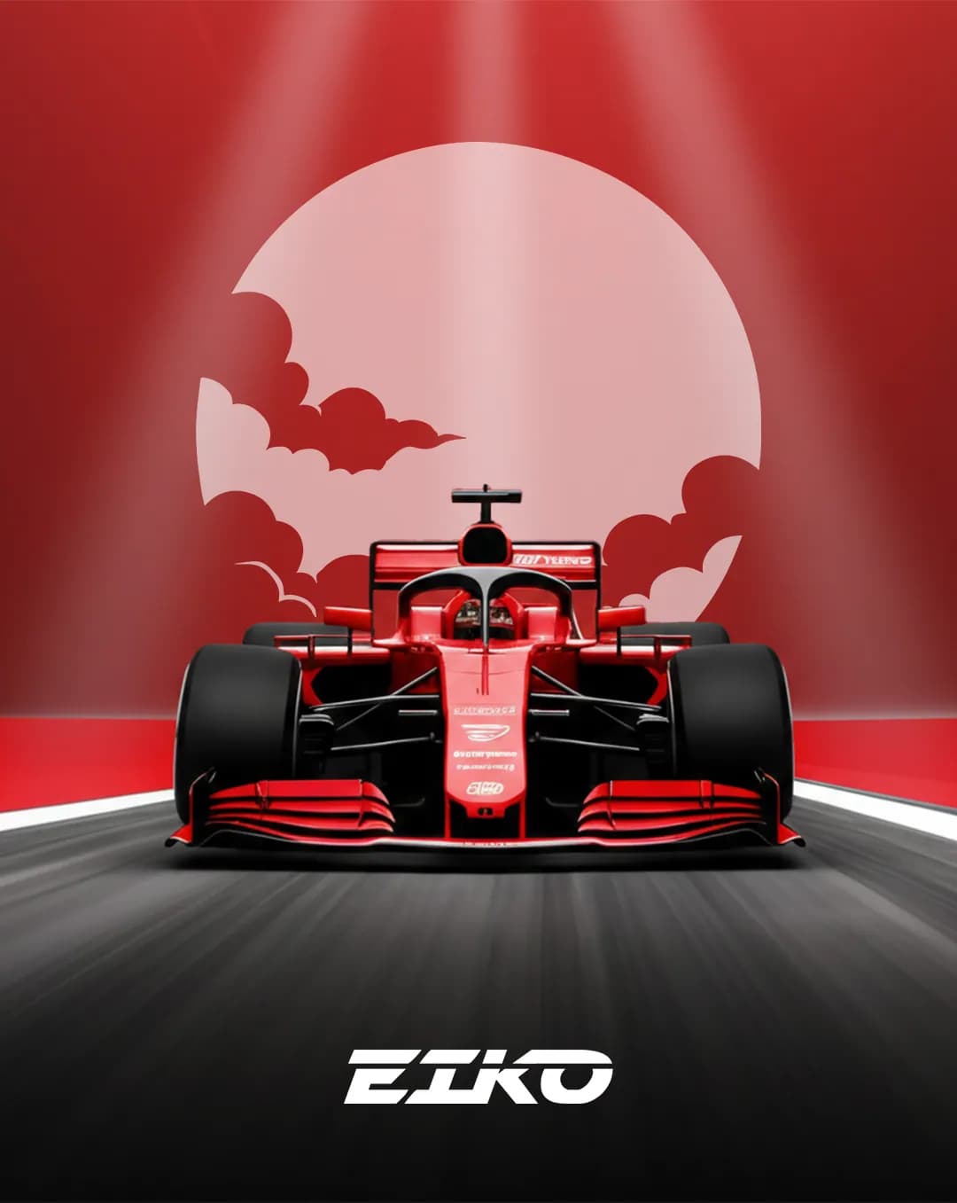 A red Formula 1 car on a racing track under a red rising sun, with the EIKO wordmark